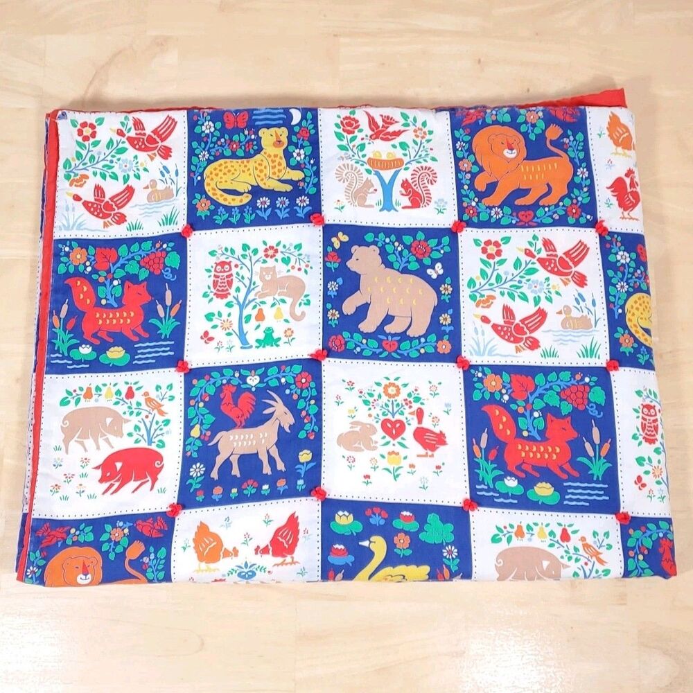 Vtg Printed Block Quilt Pattern Baby Blanket Forest Animal Fox Owl Deer Folk Art